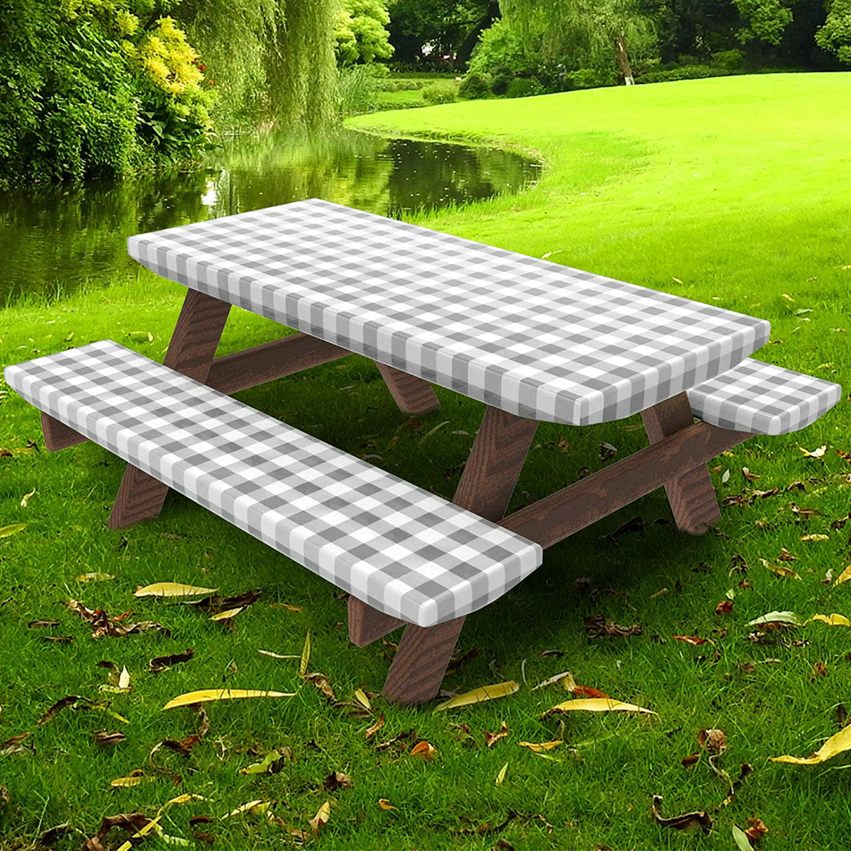UMINEUX 3-Piece Rectangle Checkered Picnic Table Cover with Bench Covers Vinyl Flannel Backing with Elastic Edge (30"x72", Black and White)