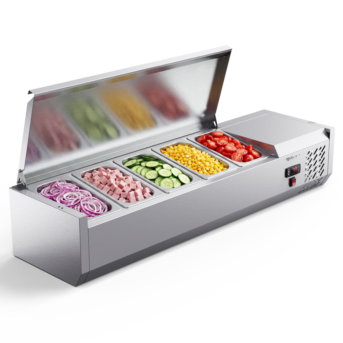 Upstreman Countertop Refrigerated Condiment Prep Station, 47" Sandwich Prep Table Stainless Steel 5 Pans Salad Bar Prep Table with Digital Temp Control, Silver