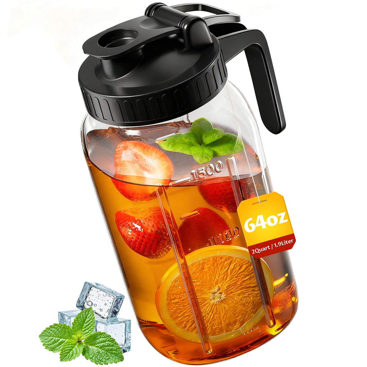 VA1KENE Glass Pitcher with Lid, Mason Jar Pitcher with Spout and Handle for Lemonade, Iced Drinks, and Sun Tea 64oz Gray