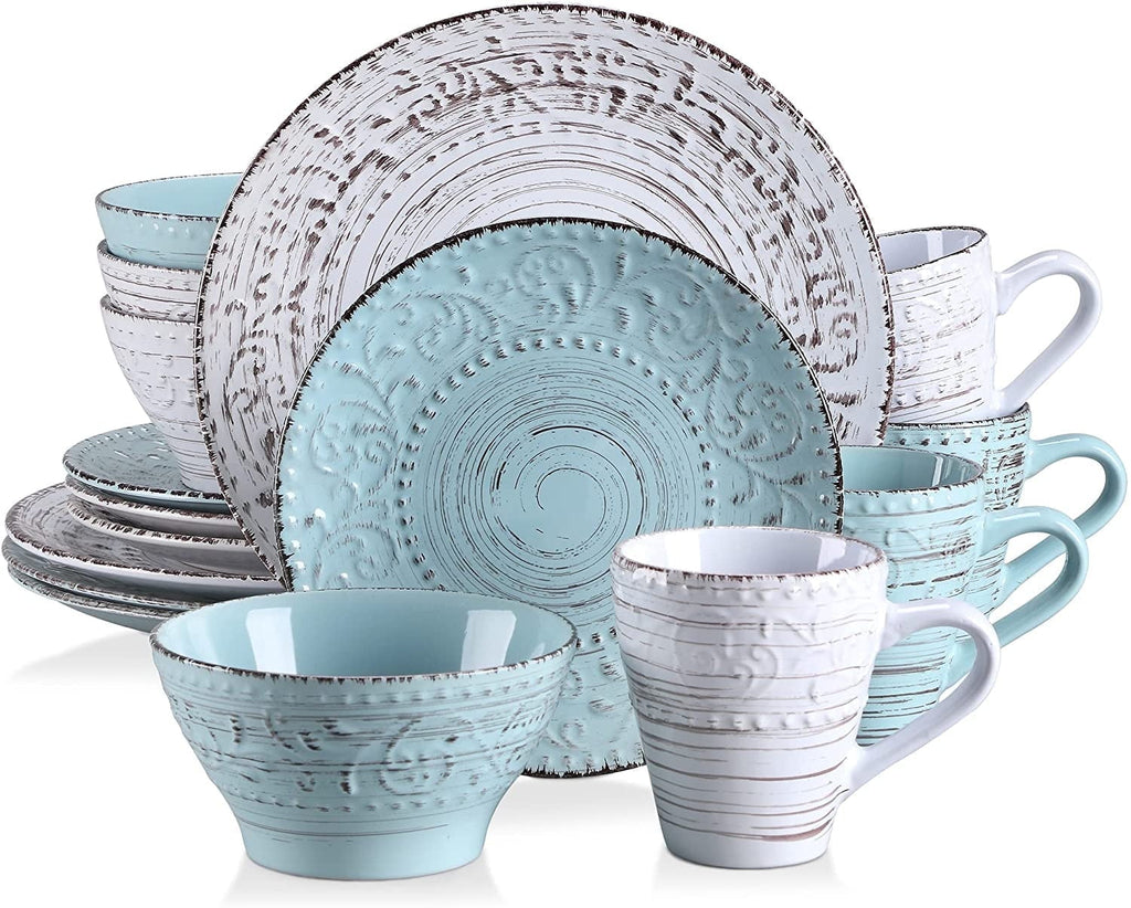 Vancasso, Series Vine, 16-Piece Stoneware Dinnerware Set, Blue and Beige Dinner Set, Service for 4