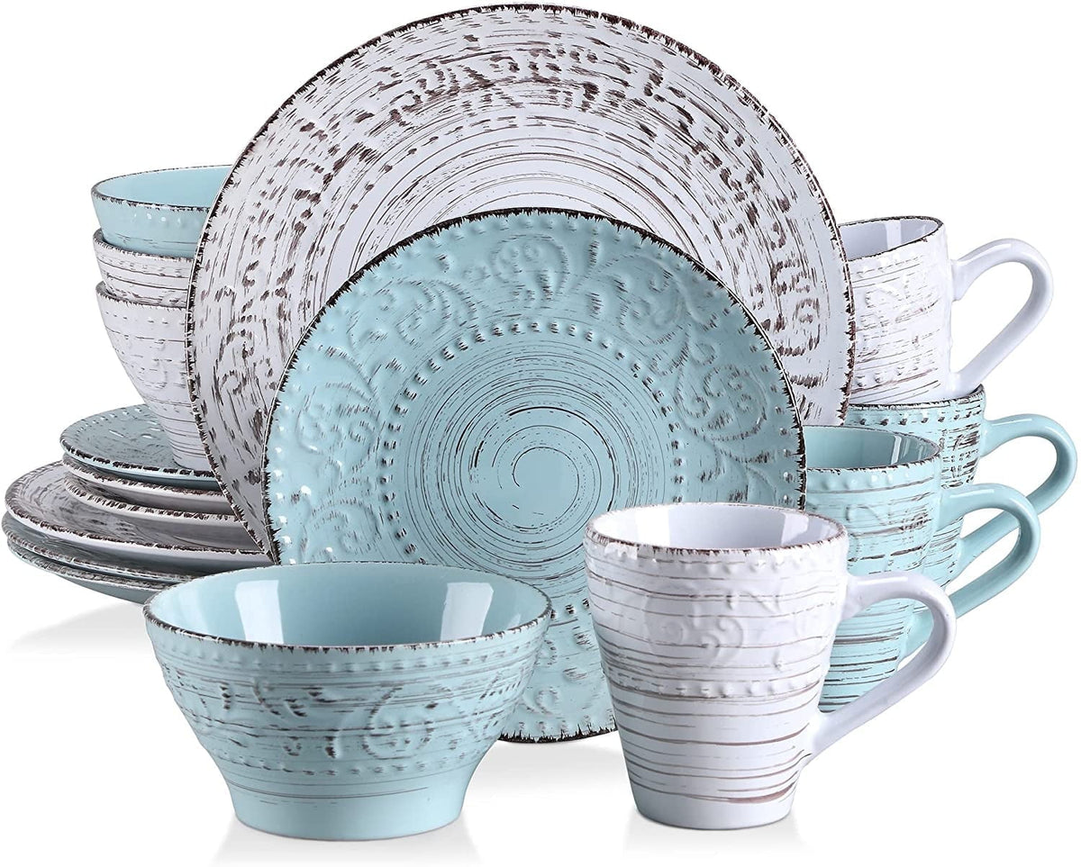 Vancasso, Series Vine, 16-Piece Stoneware Dinnerware Set, Blue and Beige Dinner Set, Service for 4