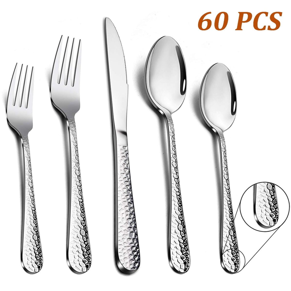 Vesteel Hammered Silverware Set, 40-Piece Stainless Steel Flatware Cutlery Set for 8, Includes Knives, Forks, Spoons, Mirror Polished & Dishwasher Safe