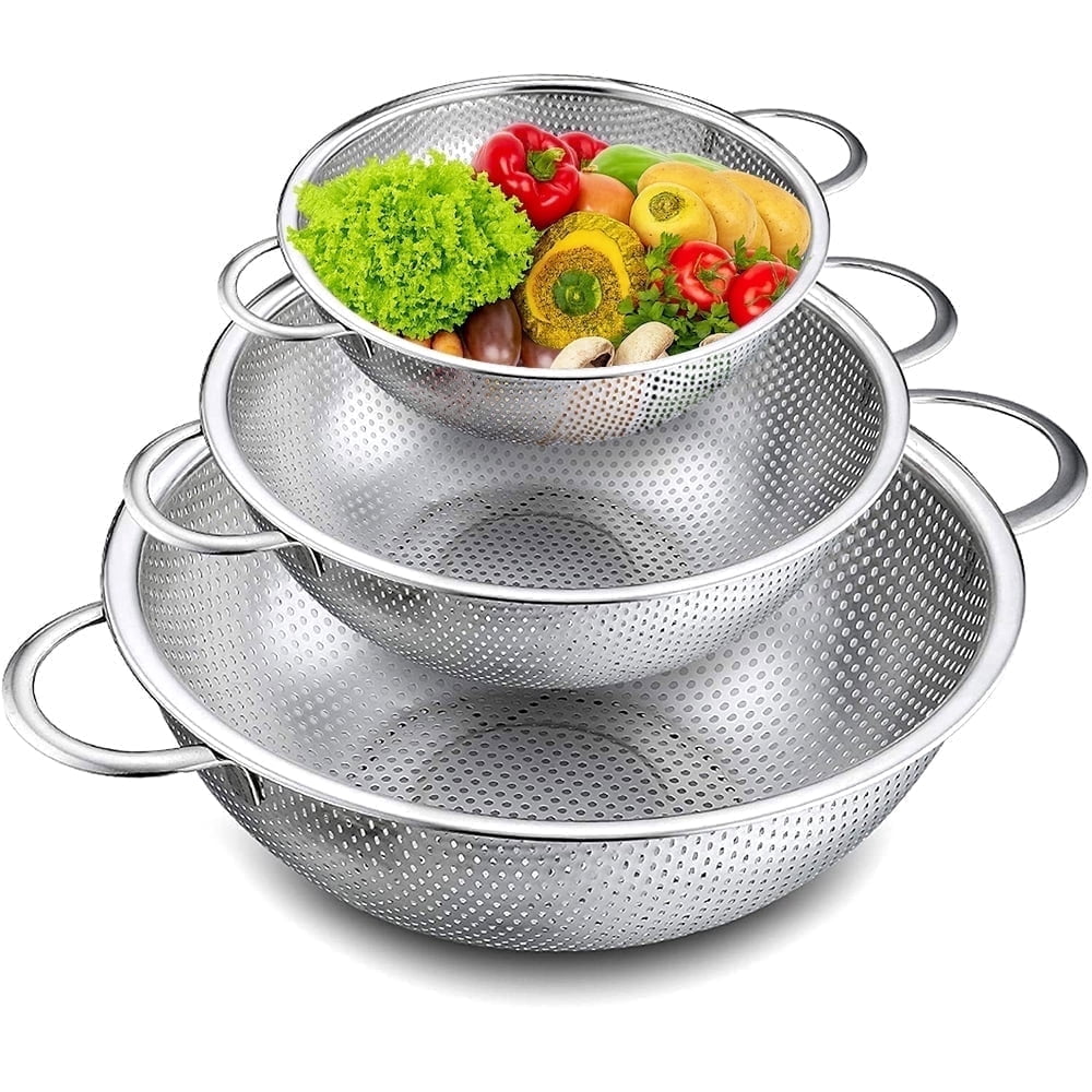 VeSteel Colander Set of 3, Stainless Steel Micro-Perforated Colanders Strainers for Draining Rinsing Washing, Ideal for Pasta Vegetables Fruits, Heavy Duty & Dishwasher Safe - 1/3/5 Quart