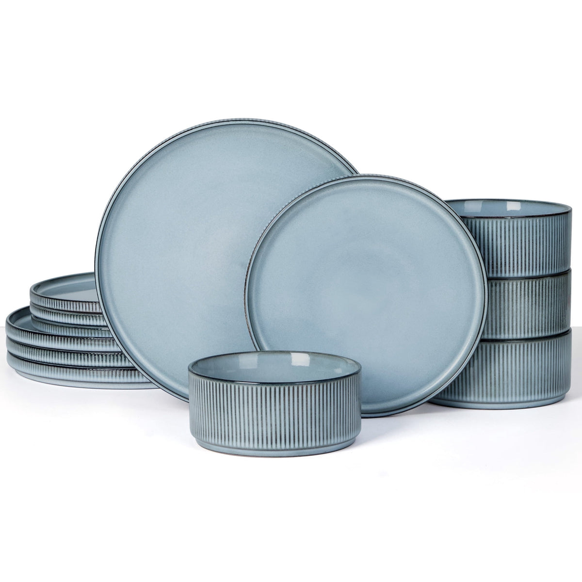Vesteel 12 Pieces Dinnerware Set for 4, Premium Stoneware Ribbed Dishes, Chip & Scratch Resistant Plates and Bowls Set for Home Restaurant, Microwave and Dishwasher Safe - Speckled White