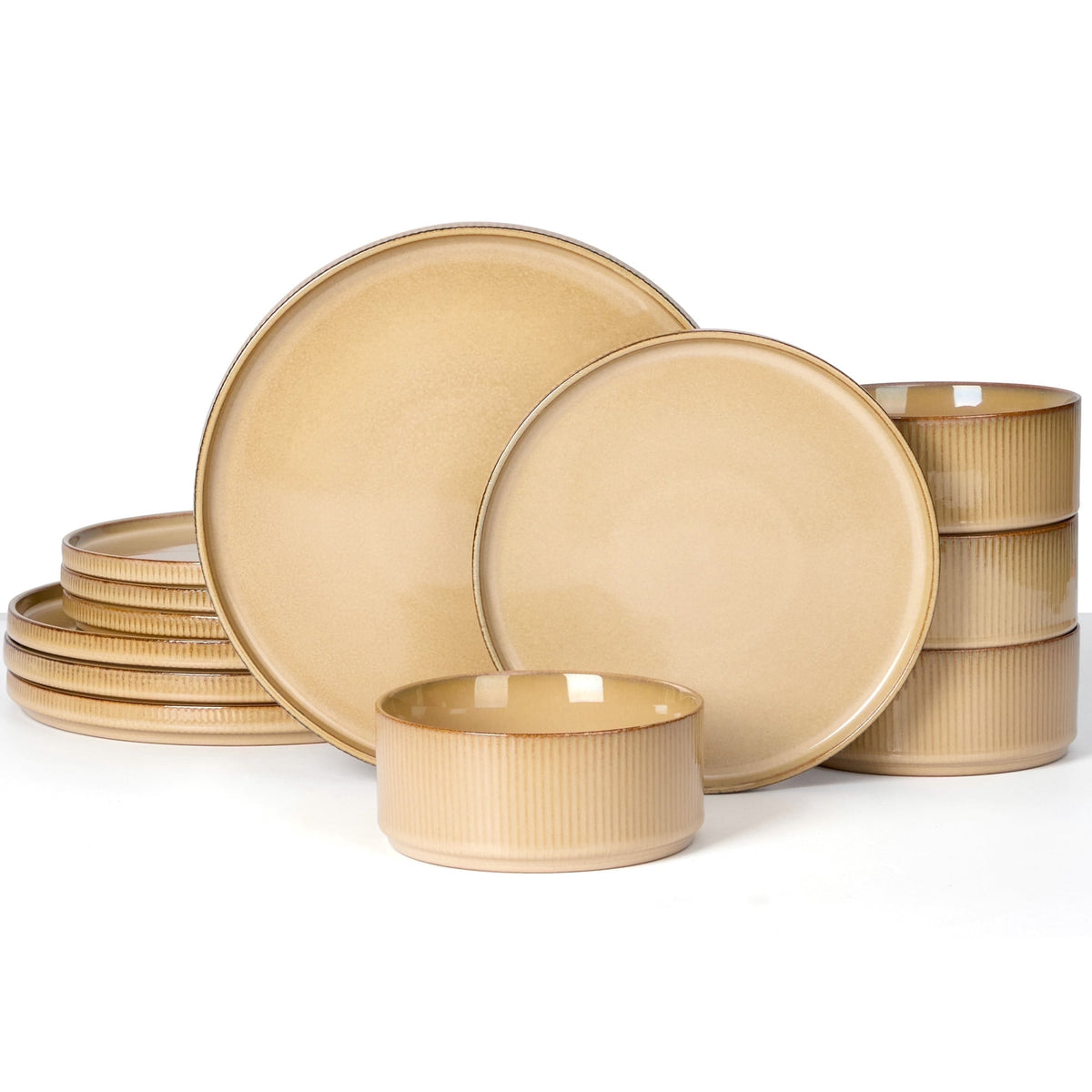 Vesteel 12 Pieces Dinnerware Set for 4, Premium Stoneware Ribbed Dishes, Chip & Scratch Resistant Plates and Bowls Set for Home Restaurant, Microwave and Dishwasher Safe - Speckled White