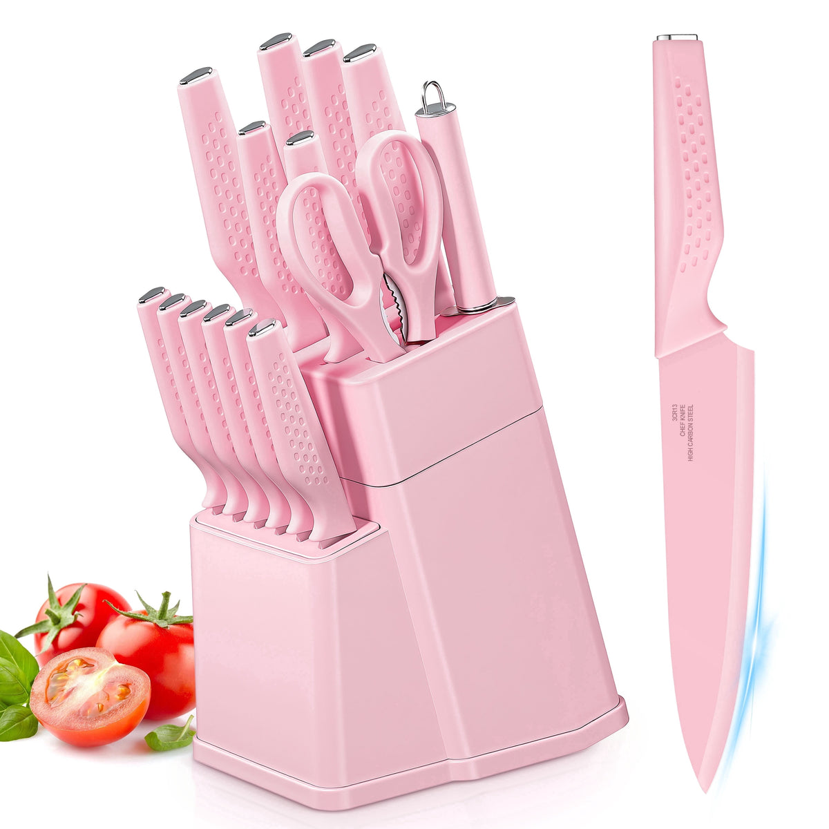Vesteel Knife Block Set for Kitchen, 15-Piece High Carbon Stainless Steel Knives Set with Ergonomic Handle, Ultra-sharp & Rust Resistant, Walnut Brown