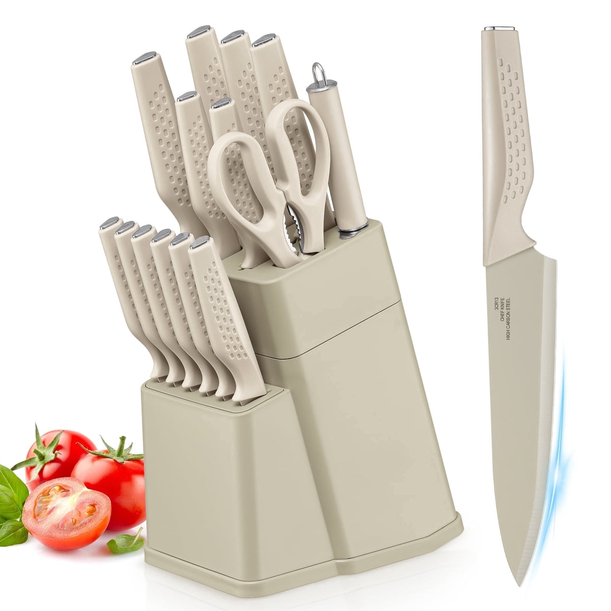 Vesteel Knife Block Set for Kitchen, 15-Piece High Carbon Stainless Steel Knives Set with Ergonomic Handle, Ultra-sharp & Rust Resistant, Walnut Brown