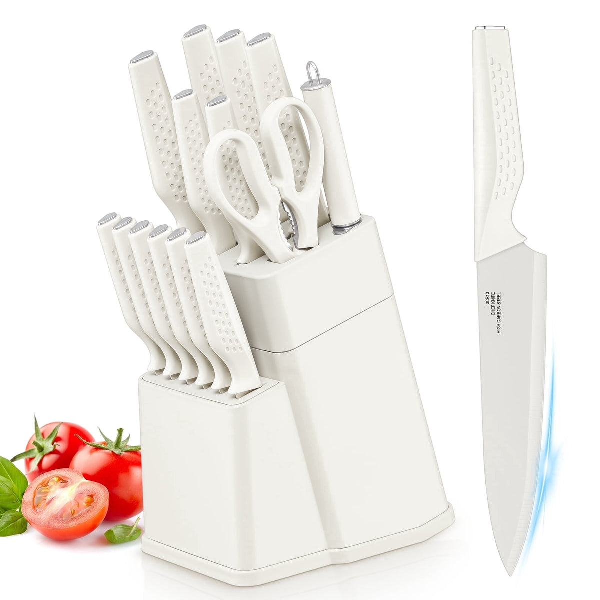 Vesteel Knife Block Set for Kitchen, 15-Piece High Carbon Stainless Steel Knives Set with Ergonomic Handle, Ultra-sharp & Rust Resistant, Walnut Brown