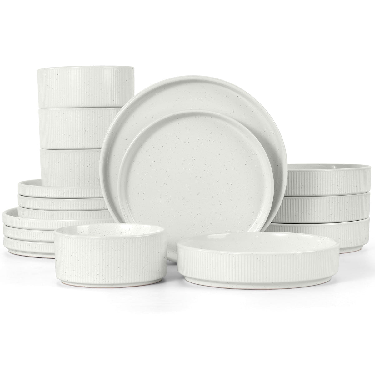 Vesteel 12 Pieces Dinnerware Set for 4, Premium Stoneware Ribbed Dishes, Chip & Scratch Resistant Plates and Bowls Set for Home Restaurant, Microwave and Dishwasher Safe - Speckled White