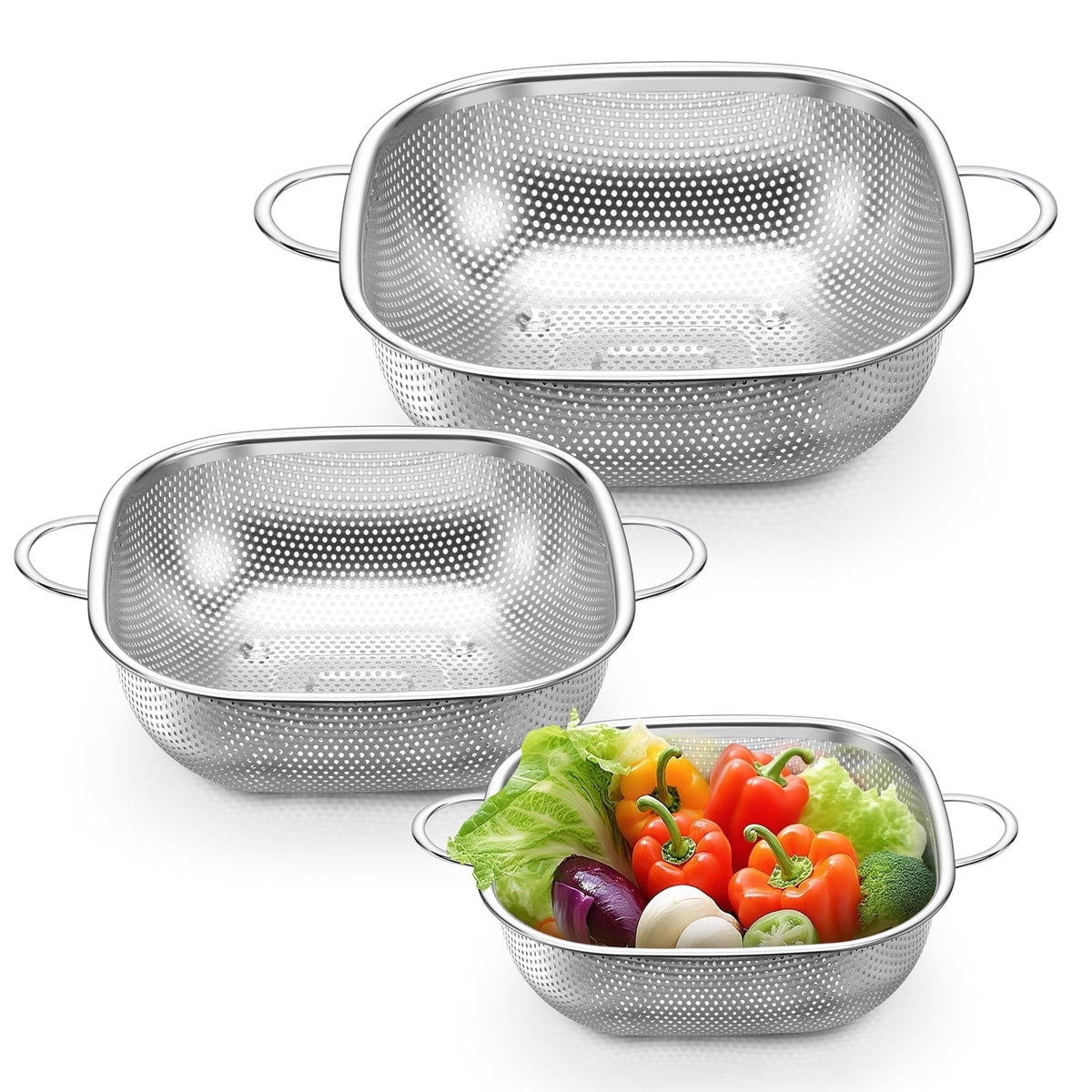 VeSteel Colander Set of 3, Stainless Steel Micro-Perforated Colanders Strainers for Draining Rinsing Washing, Ideal for Pasta Vegetables Fruits, Heavy Duty & Dishwasher Safe - 1/3/5 Quart