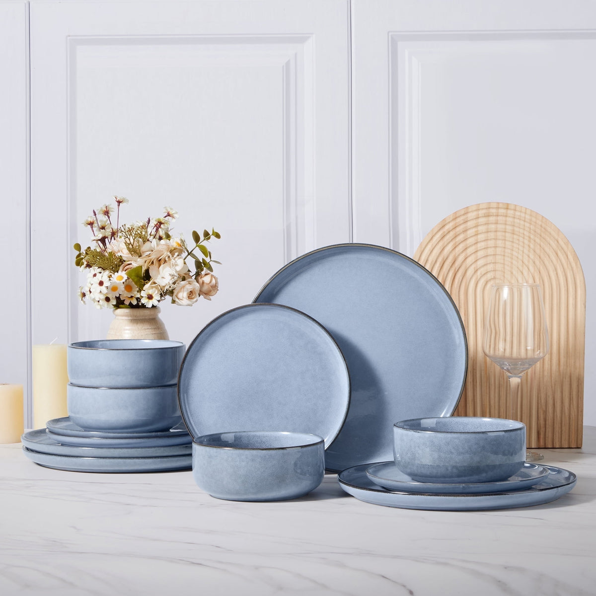 Vesteel Dinnerware Sets for 4, 12-Piece Stoneware Dish and Bowls Set, Handmade Reactive Glaze Coupe Plates Set for Family, Chip & Scratch Resistant - Matte Black