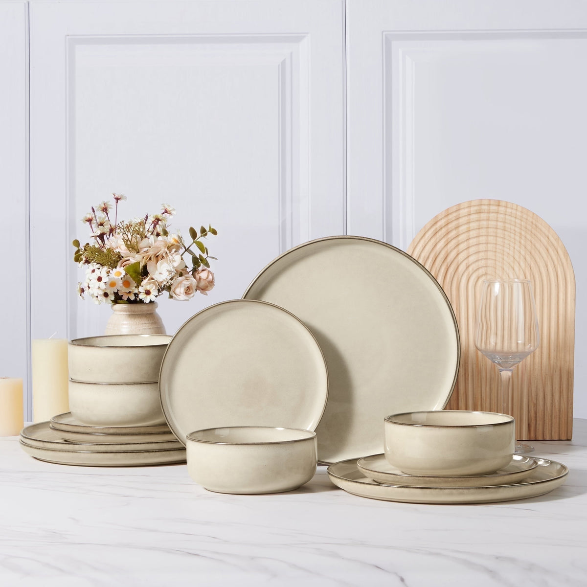 Vesteel Dinnerware Sets for 4, 12-Piece Stoneware Dish and Bowls Set, Handmade Reactive Glaze Coupe Plates Set for Family, Chip & Scratch Resistant - Matte Black