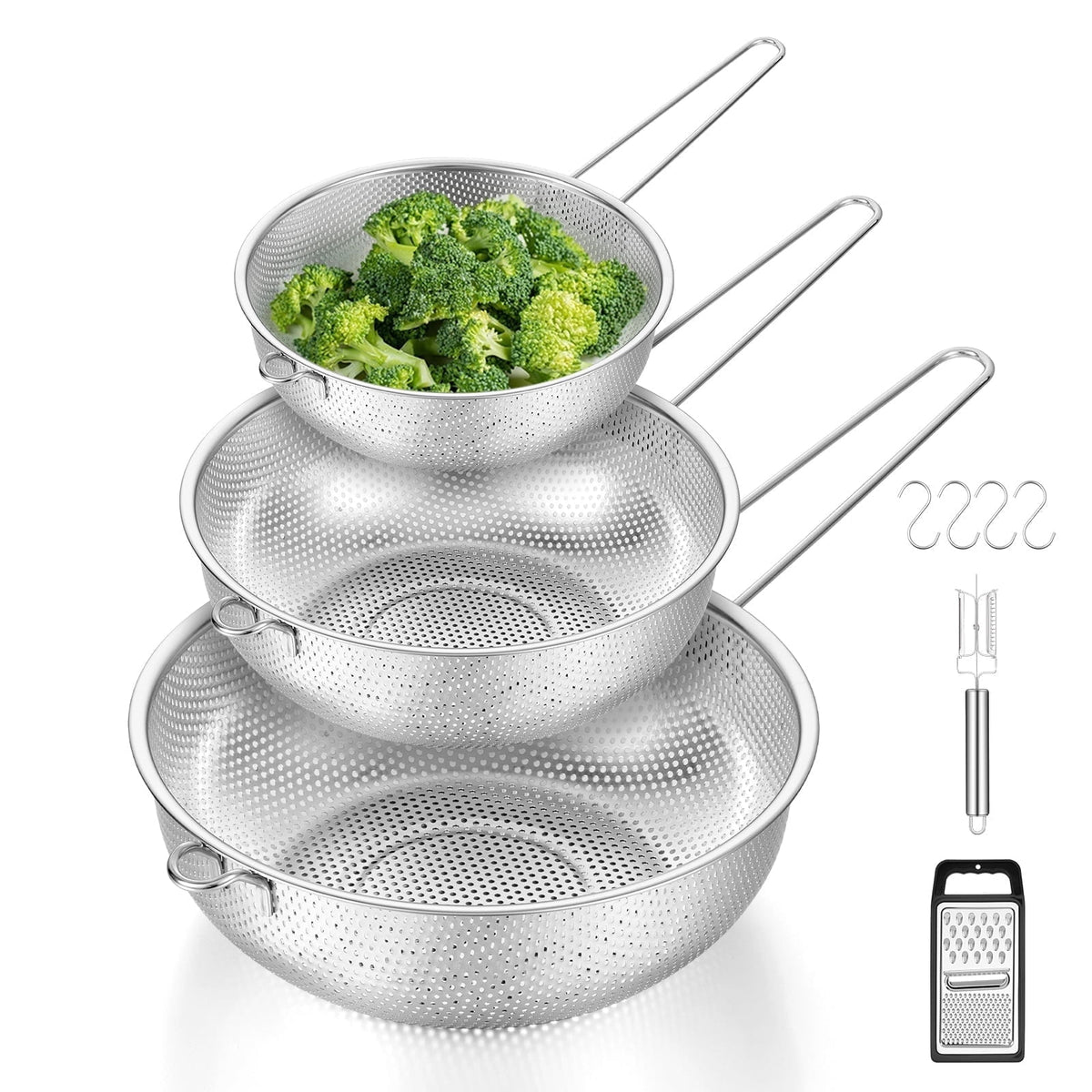VeSteel Colander Set of 3, Stainless Steel Micro-Perforated Colanders Strainers for Draining Rinsing Washing, Ideal for Pasta Vegetables Fruits, Heavy Duty & Dishwasher Safe - 1/3/5 Quart