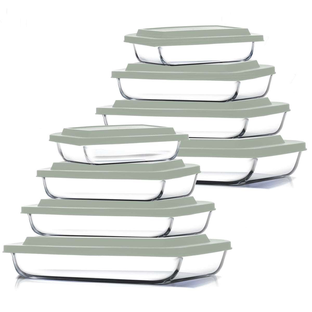 Virtu Casserole Glass Baking Dish, 8pc Stackable Glass Food Storage Containers with Airtight Lids and Grip Handles, Black