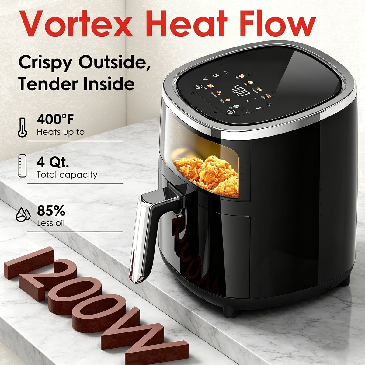WHALLULTRA 4QT Air Fryer, Smart Touchscreen & View Window, 12 Presets, Vortex Heating, Dishwasher Safe Basket, Obsidian