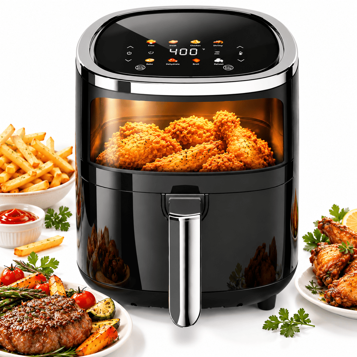 WHALLULTRA 4QT Air Fryer, Smart Touchscreen & View Window, 12 Presets, Vortex Heating, Dishwasher Safe Basket, Obsidian