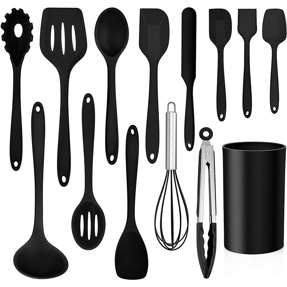 Walchoice 14 Pcs Cooking Utensils Set with Holder, Heat Resistant Silicone Kitchen Cookware Utensils Set, Kitchen Cooking Tools Includes Spatula Spoon Turner Whisk Tong, Dishwasher safe, Red
