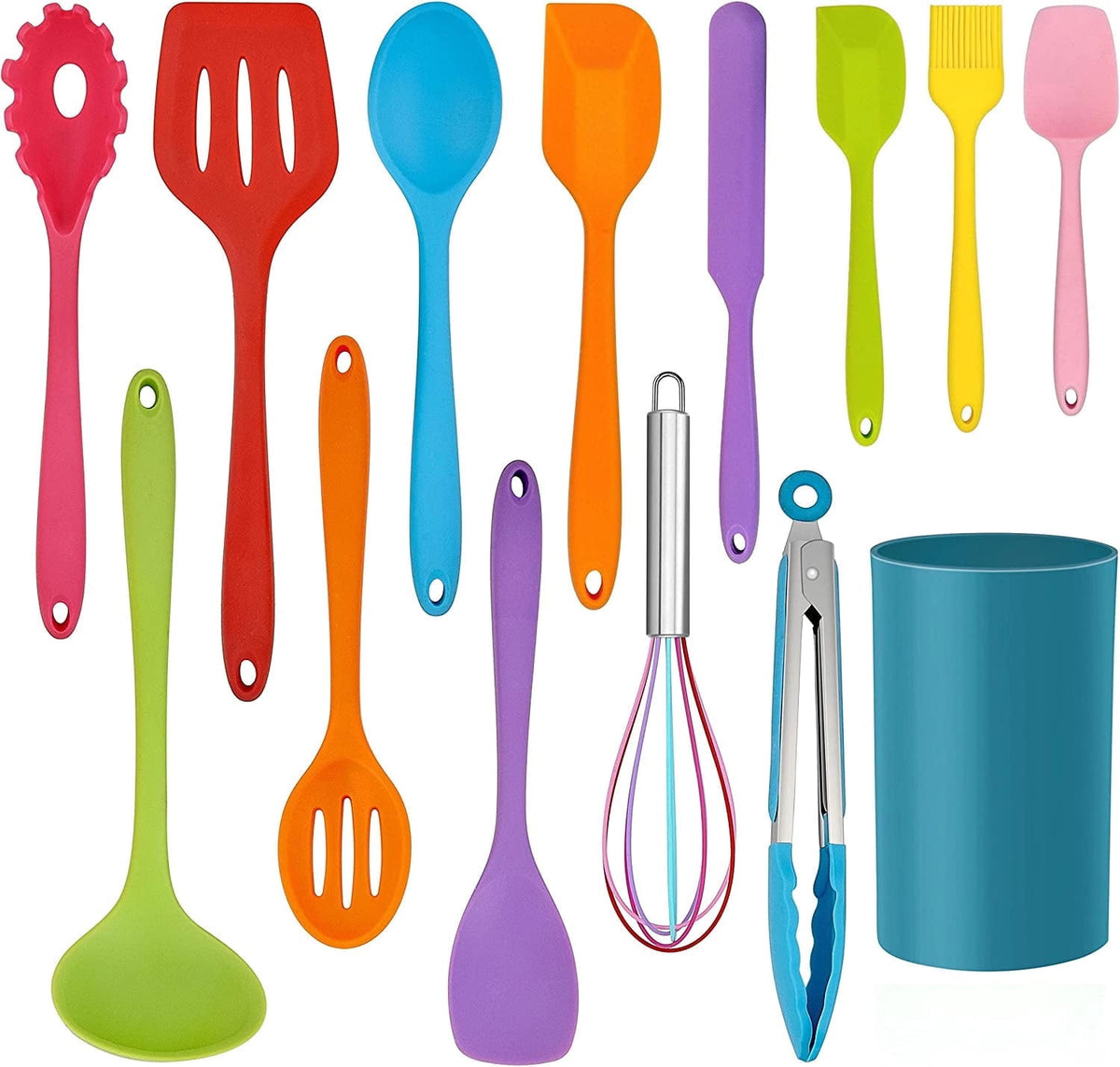Walchoice 14 Pcs Cooking Utensils Set with Holder, Heat Resistant Silicone Kitchen Cookware Utensils Set, Kitchen Cooking Tools Includes Spatula Spoon Turner Whisk Tong, Dishwasher safe, Red