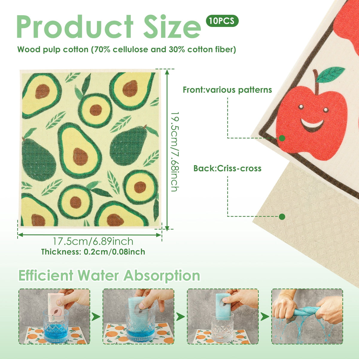 10 Pcs Swedish Dishcloths Reusable Kitchen Dish Towels Absorbent Dishcloths Washable Cellulose Sponge Cloths Quick Drying Cleaning Cloths Soft Kitchen Dish Cloth, 7.7 x 6.7in
