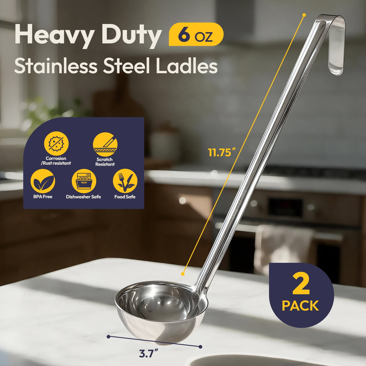 [2 Pack] 6 Oz Stainless Steel Soup Ladle - One-Piece Sauce Spatula with Hook Handles, Commercial Grade Serving Spoon, Kitchen Tool for Restaurant or Home Cooking, Mirror Finish, 14.25" Long