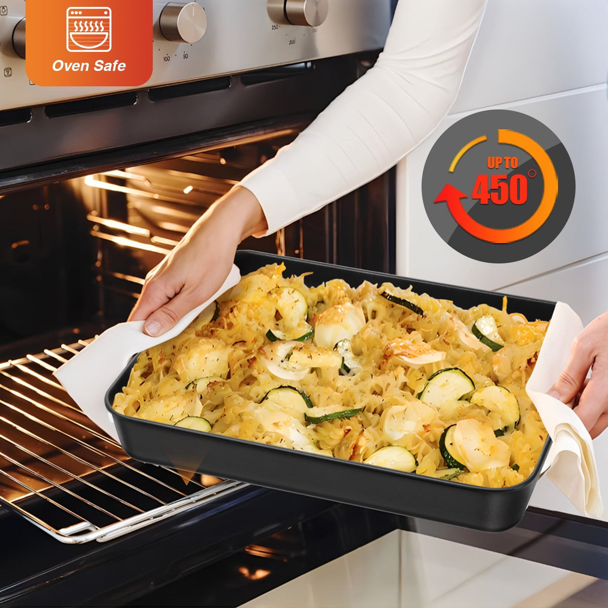 Baking Pans Set of 3, VeSteel Stainless Steel Sheet Cake Pan for Oven - 12.5/10.5/9.4Inch, Rectangle Bakeware Set for Cake Lasagna Brownie Casserole Cookie, Non-toxic & Healthy, Dishwasher Safe