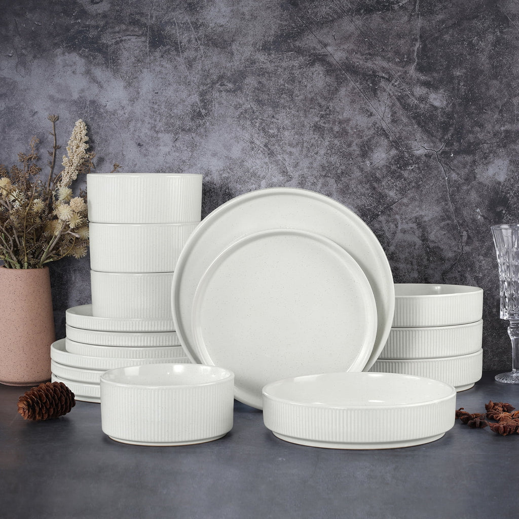Vesteel 12 Pieces Dinnerware Set for 4, Premium Stoneware Ribbed Dishes, Chip & Scratch Resistant Plates and Bowls Set for Home Restaurant, Microwave and Dishwasher Safe - Speckled White