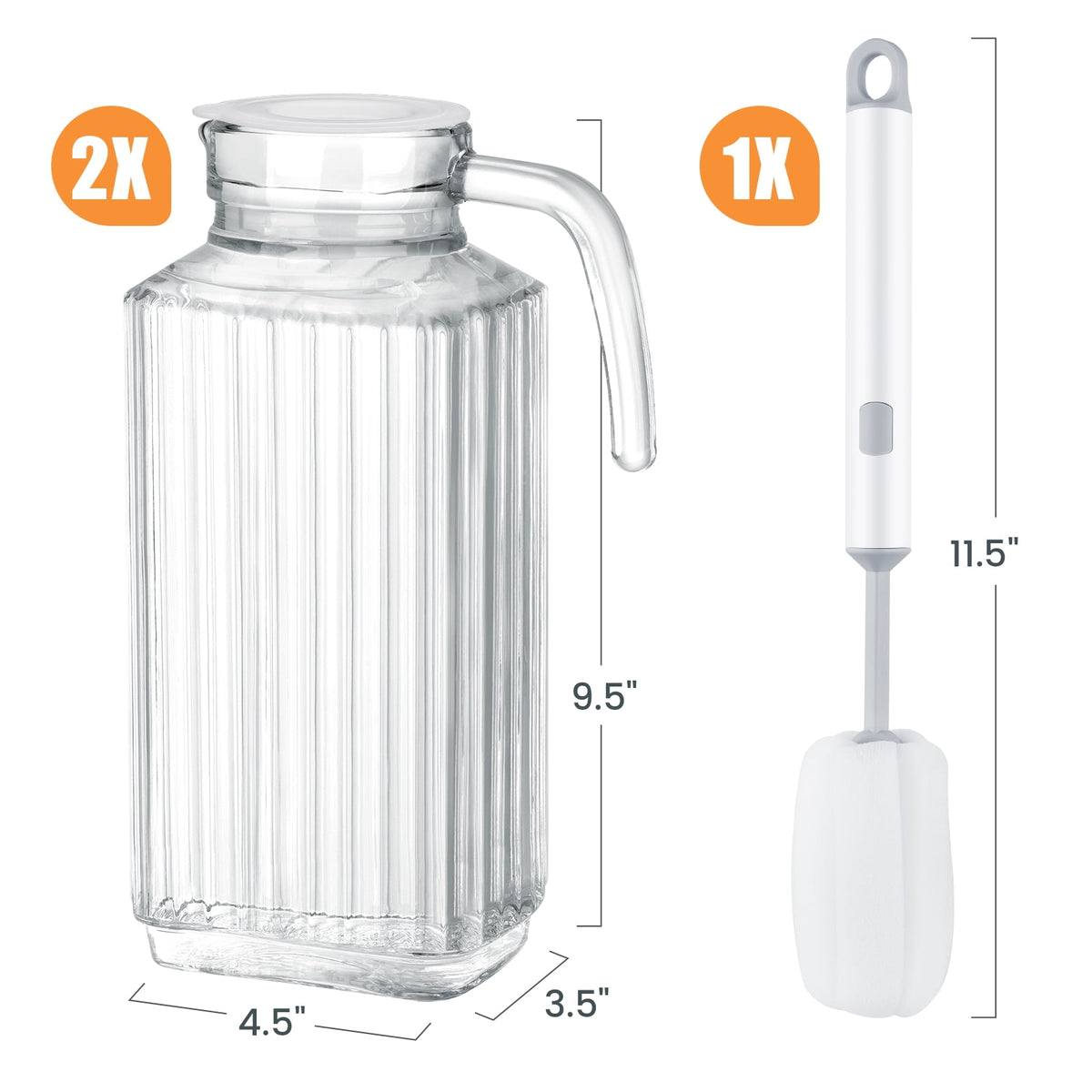 NiHome Glass Pitchers with Lids, 57oz Glass Water Fridge Pitcher for Drinks, Glass Water Jug with Lid & Brush, Beverage Serveware & Storage Container for Lemonade, Iced Tea, Milk, Coffee(2PCS Clear)
