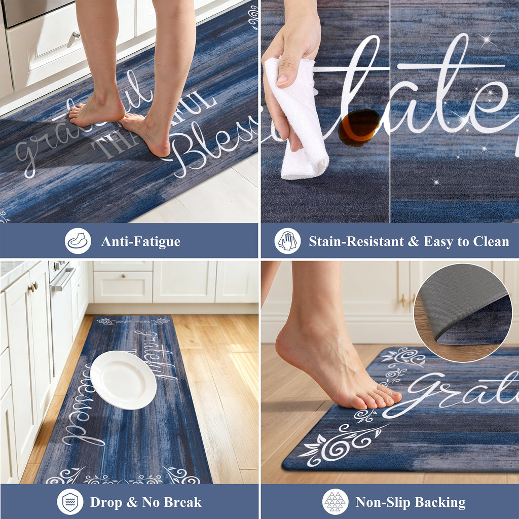 MeyJey Farmhouse Kitchen Rug Set of 2, Non-Slip Anti-Fatigue Waterproof Cushioned Mat for Kitchen, Dining & Laundry Room, 18"x30"+18"x48" Teal/Brown