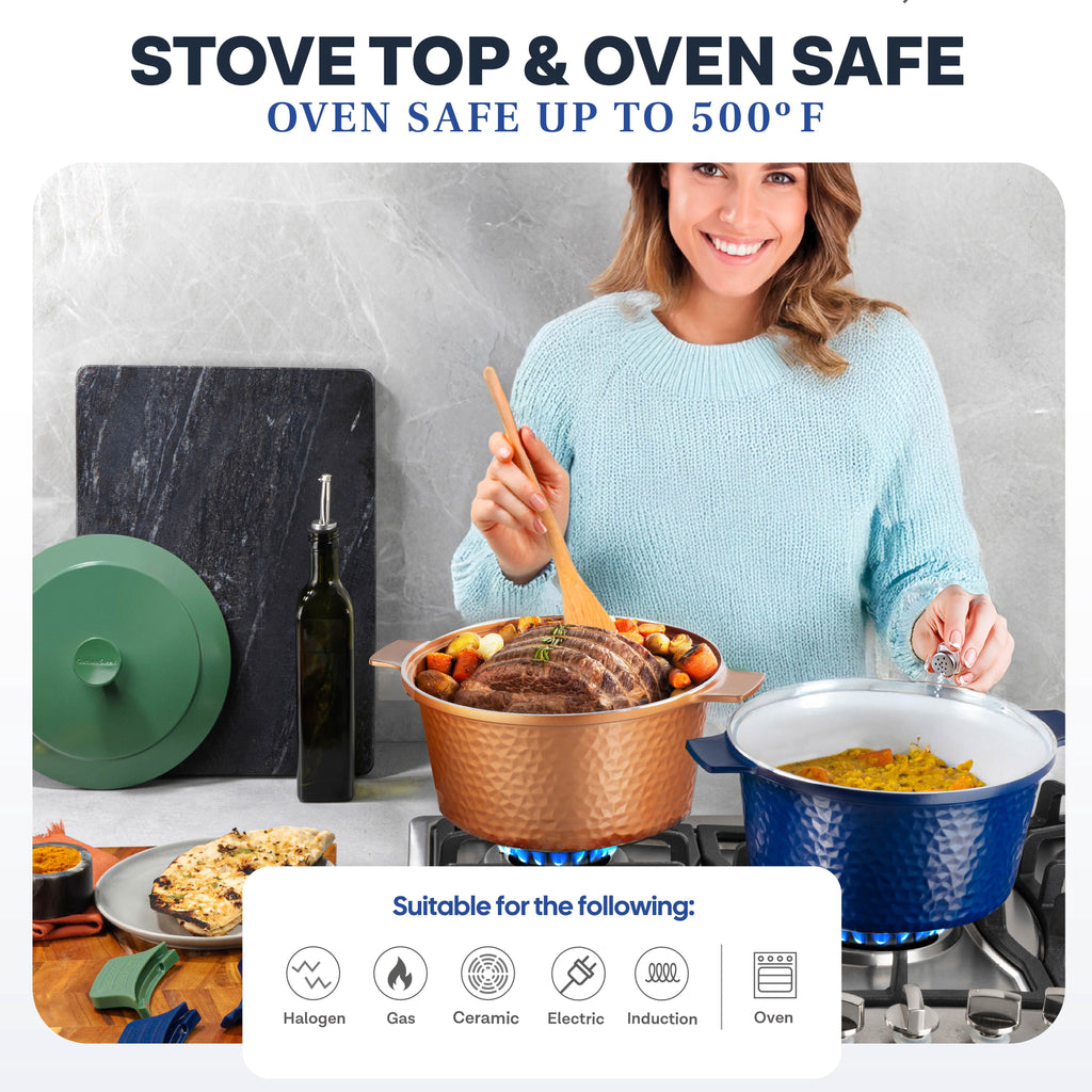Gotham Steel Ceramic Hammered 5 Qt Lightweight Dutch Oven Pot with Lid & Holders, Oven Safe & Even Heat Retaining Dutch Oven for Bread Baking Sourdough, Soup, 70% Lighter than Cast Iron, Navy