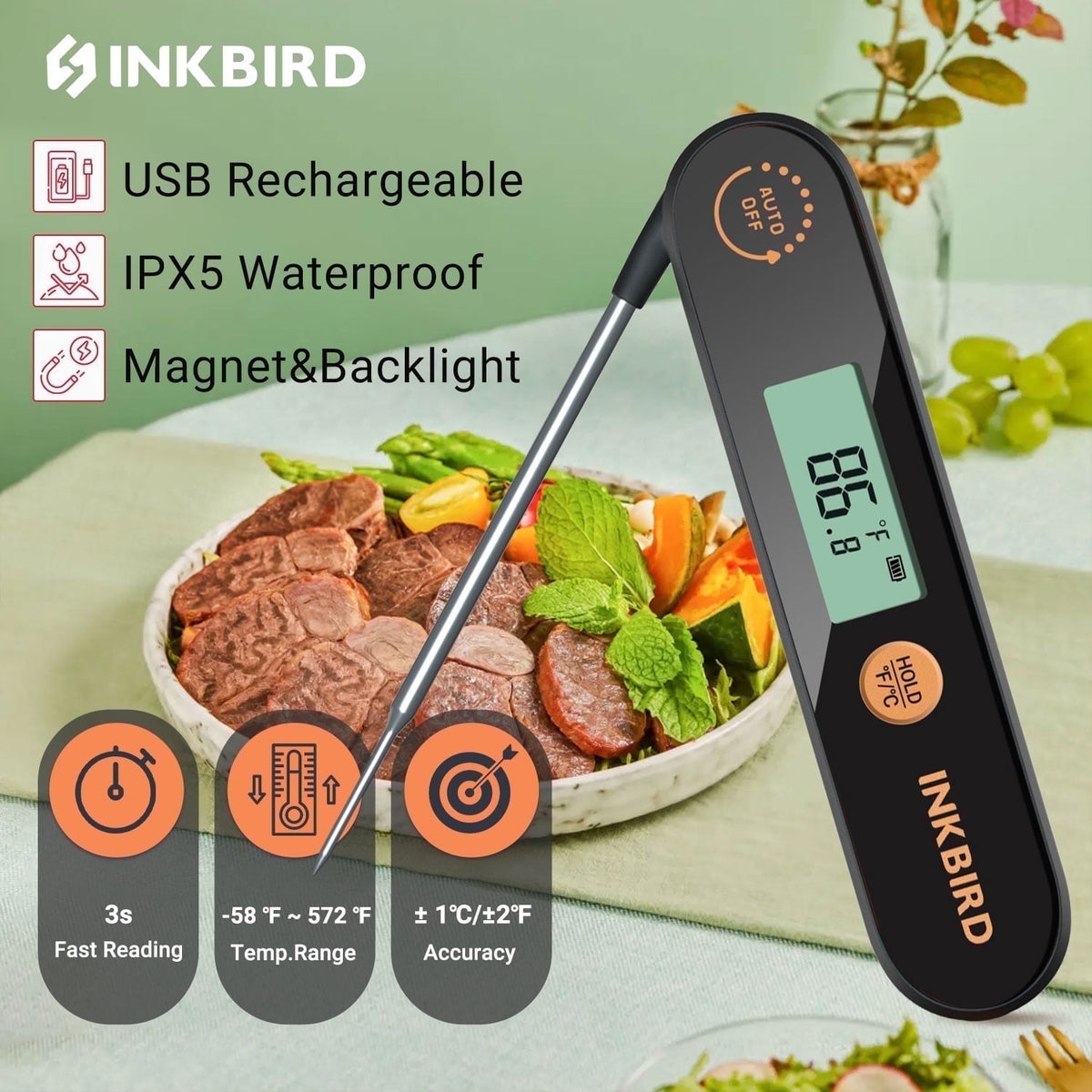 INKBIRD Meat Thermometer with Stainless Steel Probe and LCD Display, Foldable Probe Instant Read Waterproof Digital Food Thermometer , -58°F to 572°F