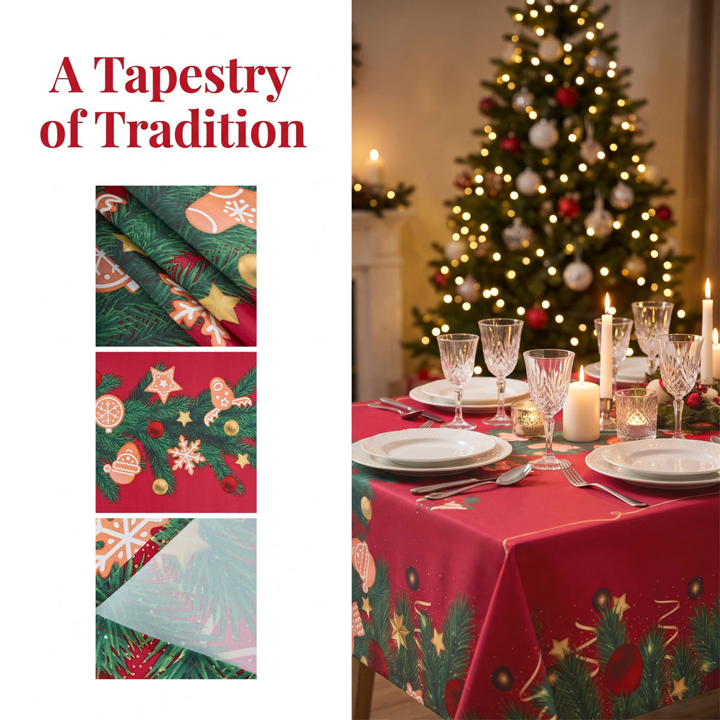 LUSHDIVA Christmas Rectangle Tablecloth, Holly Berry Ribbon Garland Bordered Fabric Dining Table Cover, Xmas Holiday Party Decor Table Cloth, 60" x 84"