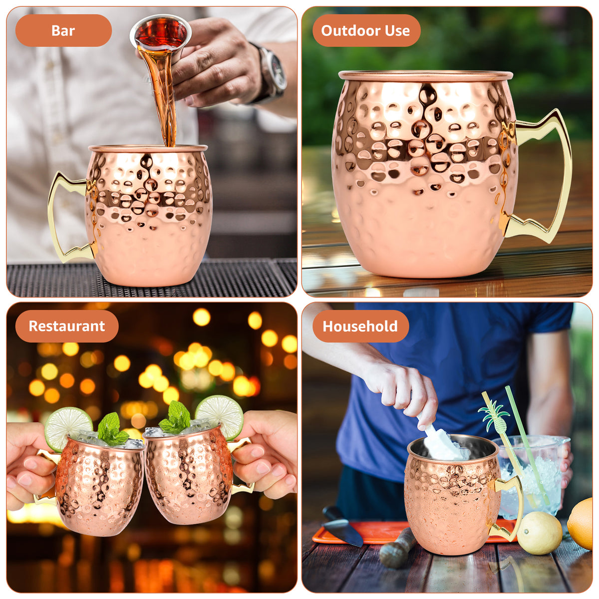 Jetcloudlive Moscow Mule Mugs Set of 2,16 oz Hammered Copper Cups with 304 Stainless Steel Lining and Gold Brass Handles,Perfect for Cold Drinks,Beer,Wine,Bars,Parties,Gifts
