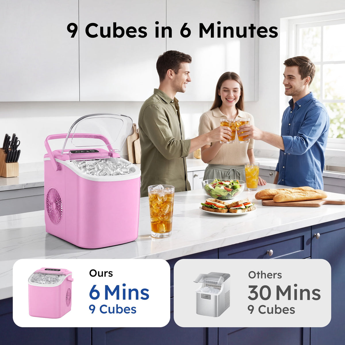 Simzlife Countertop Ice Maker, 26 Lbs/24H, 9 Bullet-Shaped Ice Cubes in 6 Minutes, Auto-Cleaning Ice Machine, Black