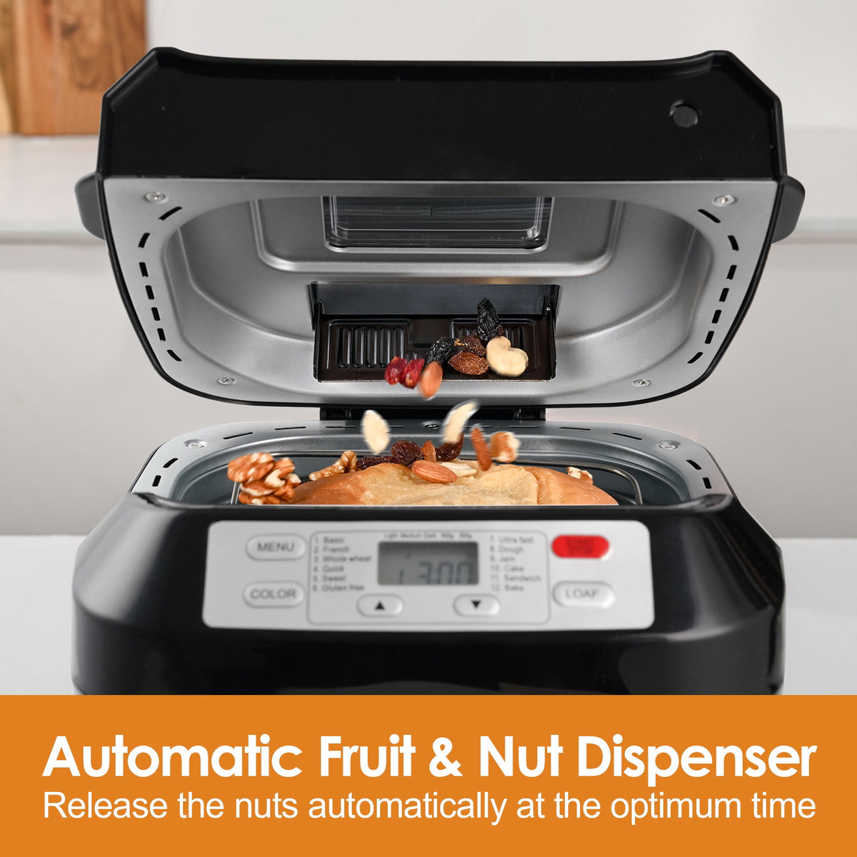 Kitchen in the Box 2lb Bread Maker with Auto Fruit Nut Dispenser, 12-in-1 Gluten-Free Bread Machine, 13H Delay Timer, Nonstick Pan, Keep Warm, White