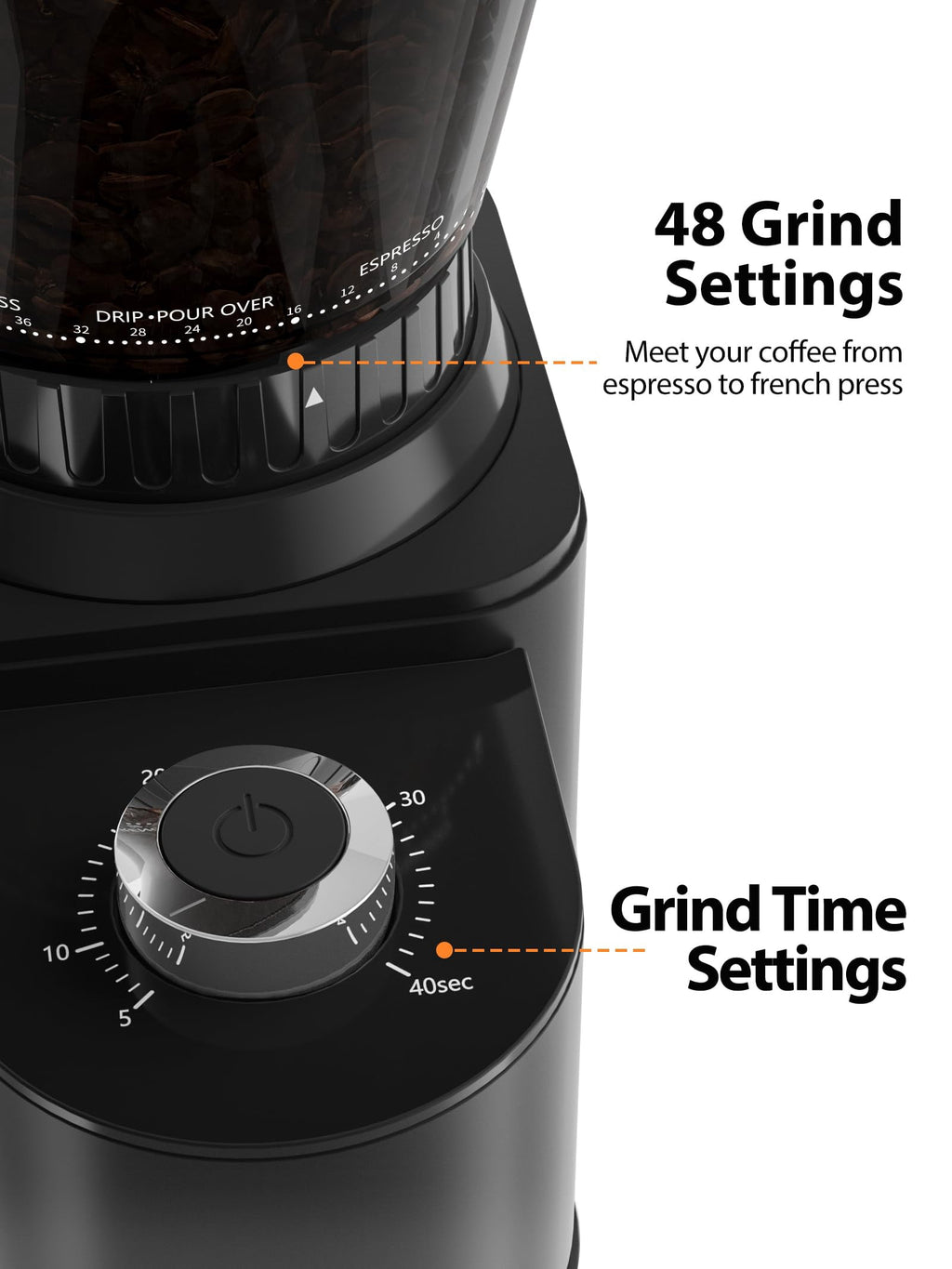 Aeitto Burr Coffee Grinder, Coffee Grinder Electric, Stainless Steel Coffee Bean Grinder, 48 Grind Settings, Espresso/Pour Over/Cold Brew/French Press Coffee Maker, Silver