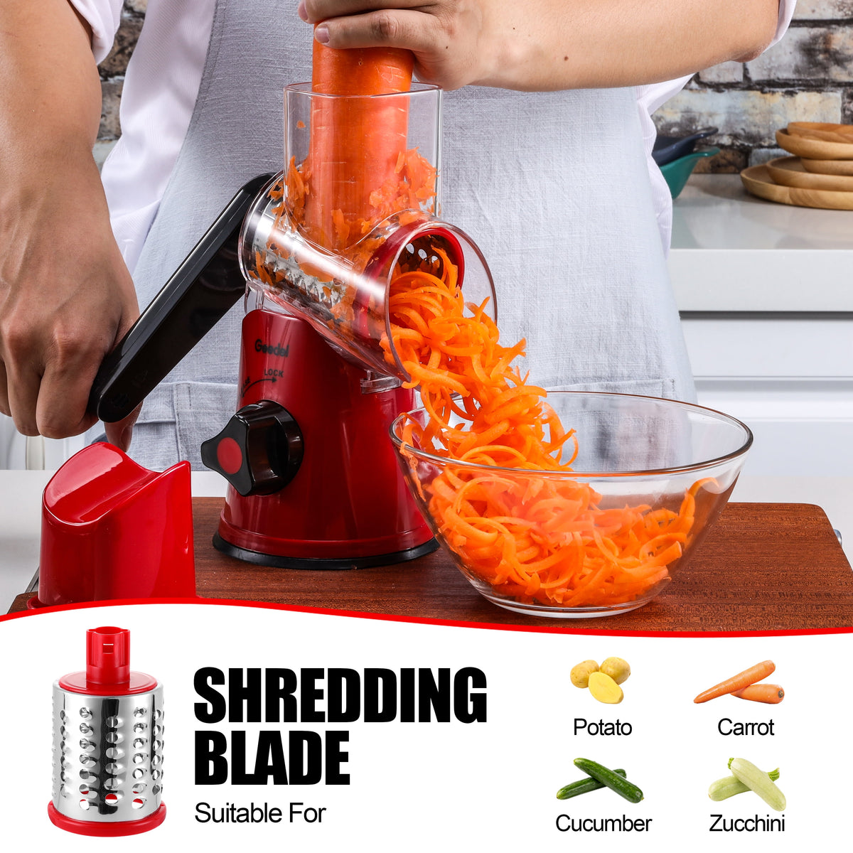 Geedel Rotary Cheese Grater, Kitchen Grater with Strong Suction Base, Dishwasher Safe, Easy to Clean Grater for Cheese,Vegetable, Nuts (3 Blades)