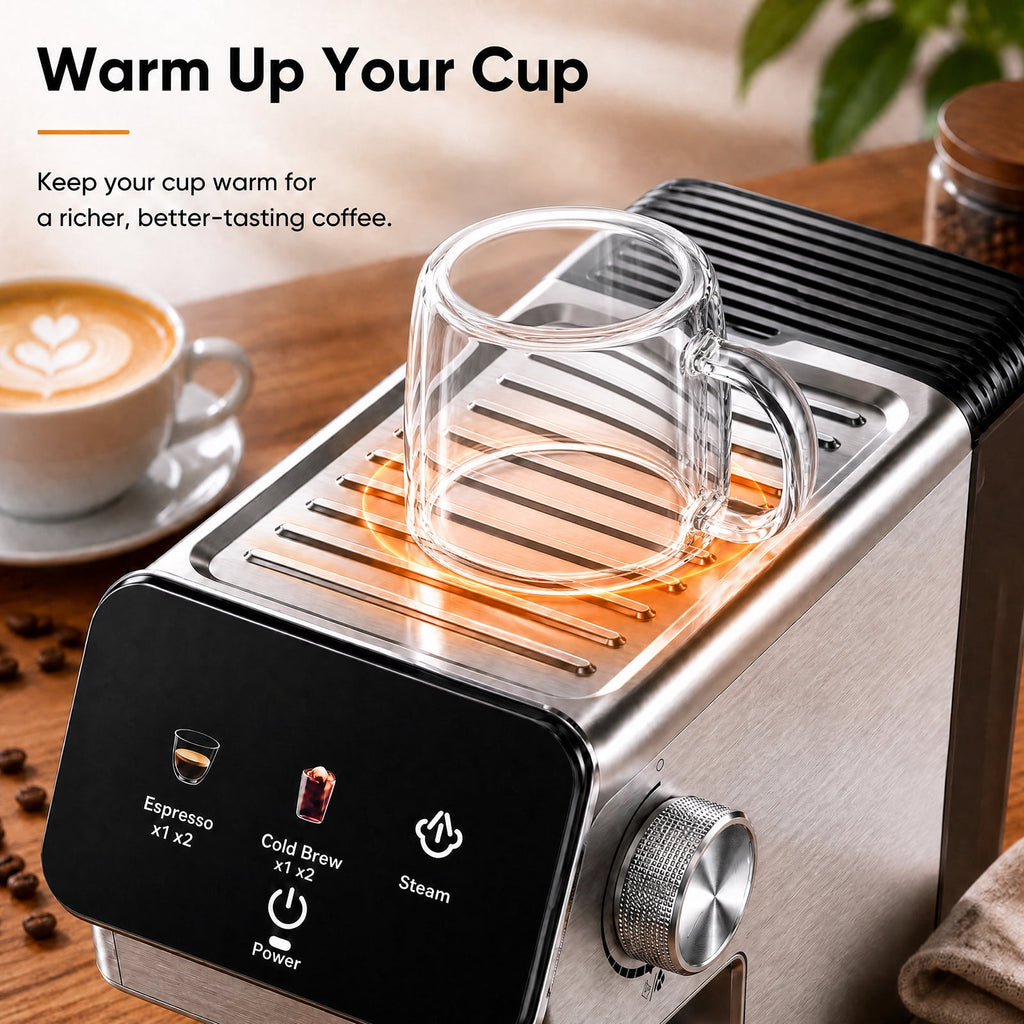 20-Bar Espresso Machine with Rapid Cold Brew, Stainless Steel Coffee Maker, 40oz Removable Water Tank for Cappuccino & Latte, Silver