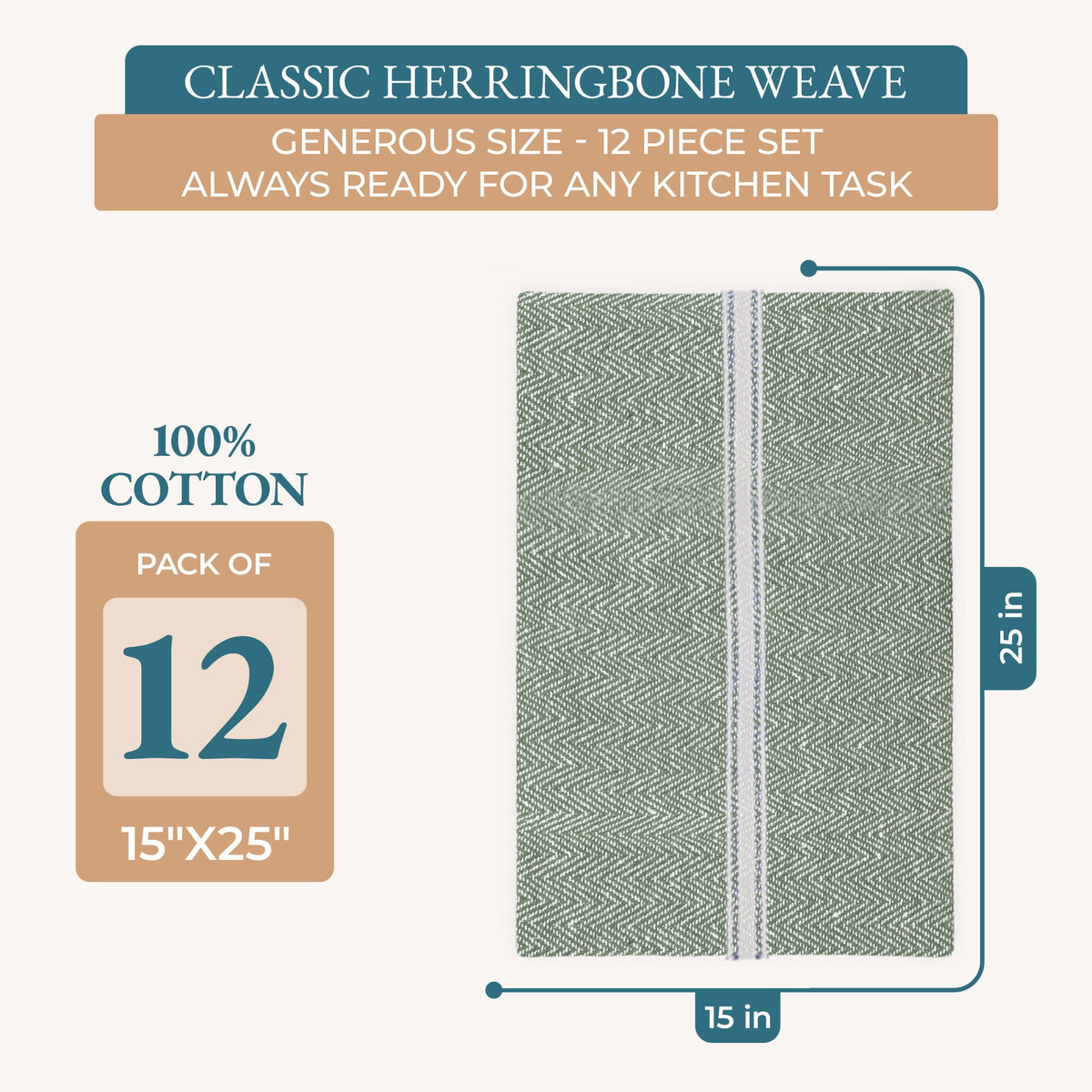 Kitchen Towels Set - 100% Pure Cotton Super Absorbent Hand Towel, Grey Tea Towels, Soft & Durable, Pack of 12 – 15”x25”, Grey Stripe