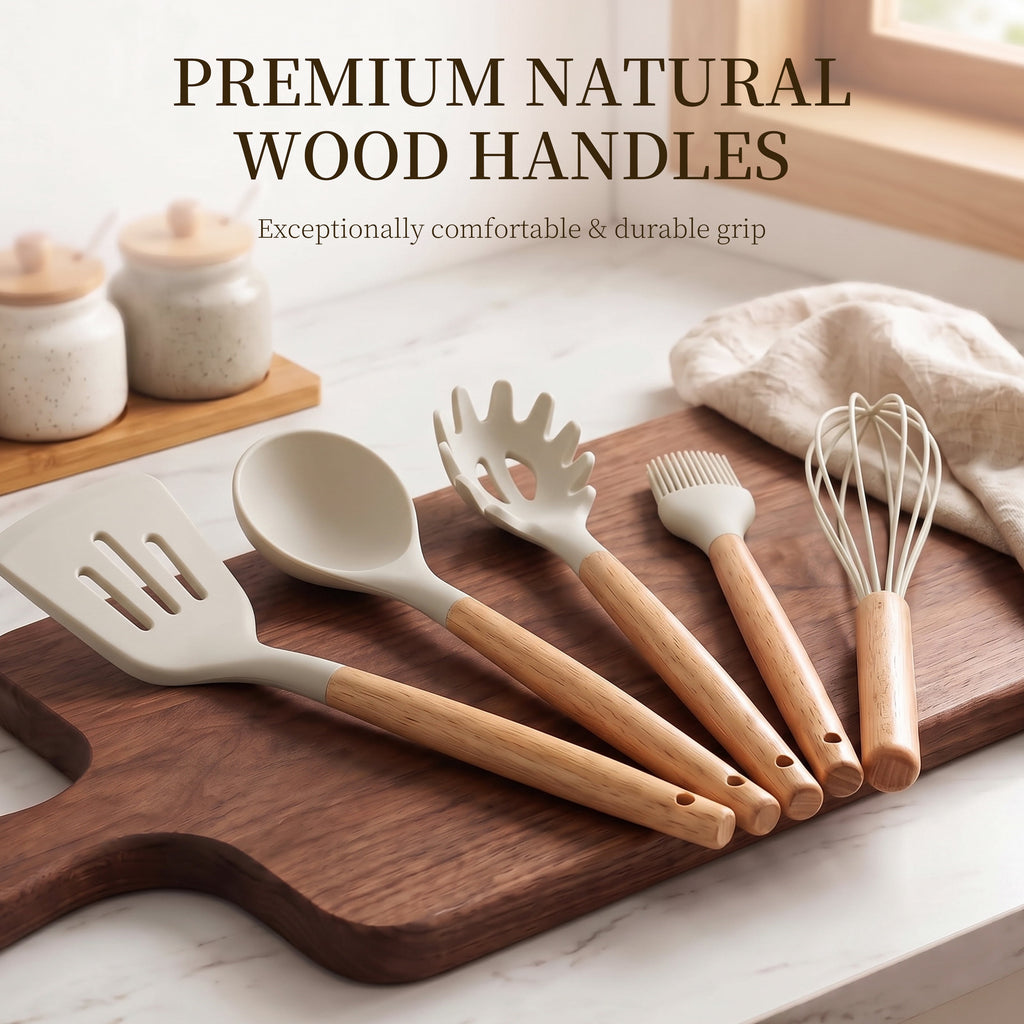 Silicone Cooking Utensils Set - Silicone Kitchen Utensils for Cooking Wooden Handles, 446°F Heat Resistant Kitchen Utensil Spatula Sets w Holder, Gadgets for Non-Stick Cookware BPA FREE (Black)