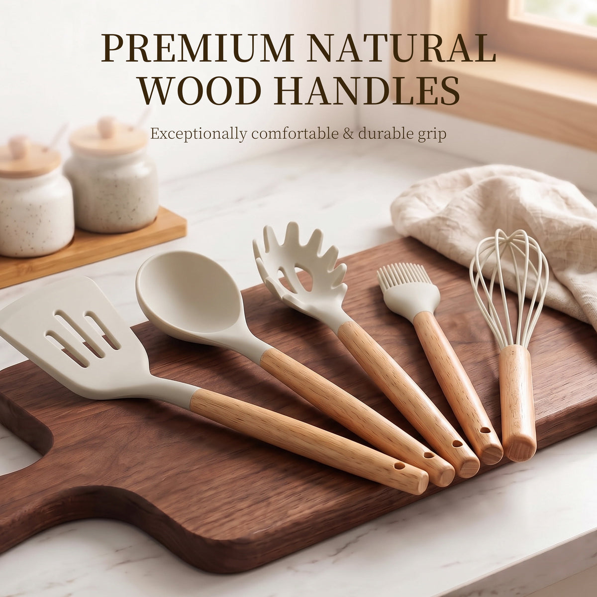 Silicone Cooking Utensils Set - Silicone Kitchen Utensils for Cooking Wooden Handles, 446°F Heat Resistant Kitchen Utensil Spatula Sets w Holder, Gadgets for Non-Stick Cookware BPA FREE (Black)