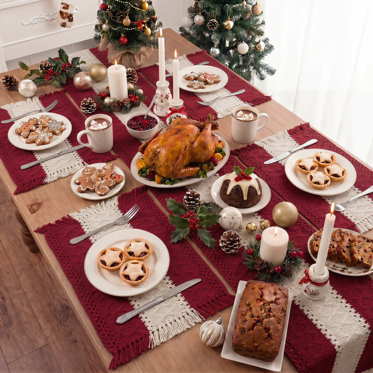 MeyJey Table Runner and Placemats Set of 4, Washable Fabric Rectangle Dining Table Mats with Tassels for Dining Tables, Kitchen, Red/Beige