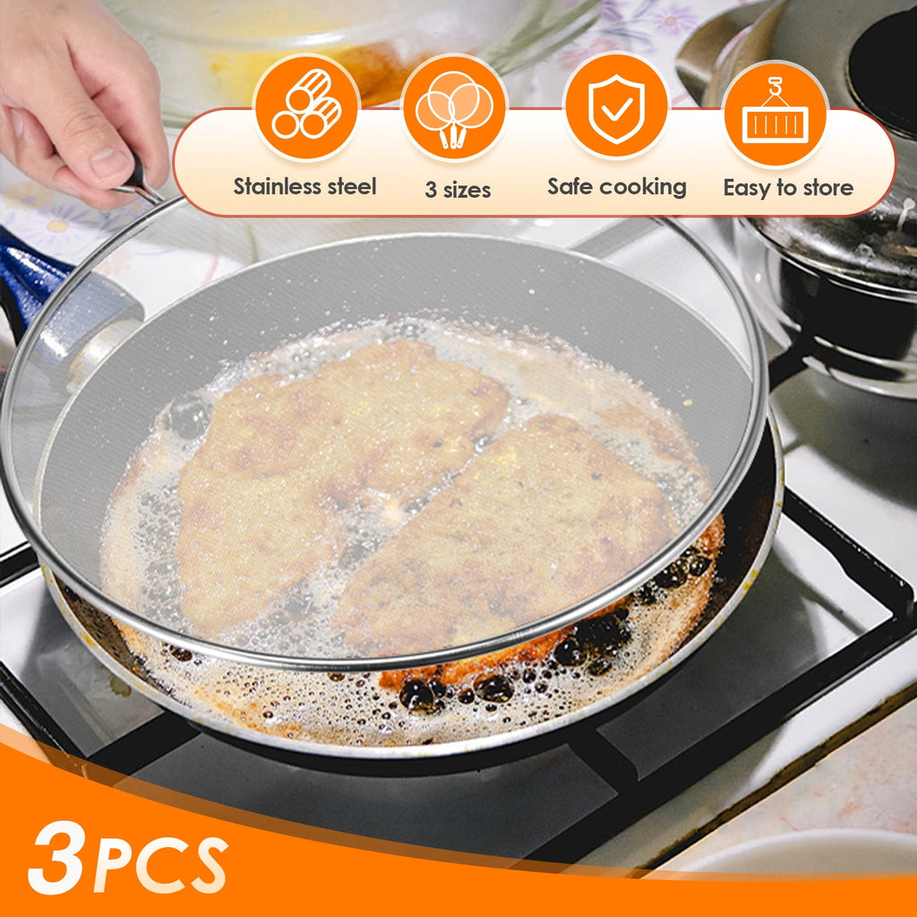 3 Piece Stainless Steel Fine Mesh Splatter Screen Set, 13", 11.4", 9.8" Splatter Screen for Frying Pan, Grease Splatter Guard with Heat-Resistant Handles