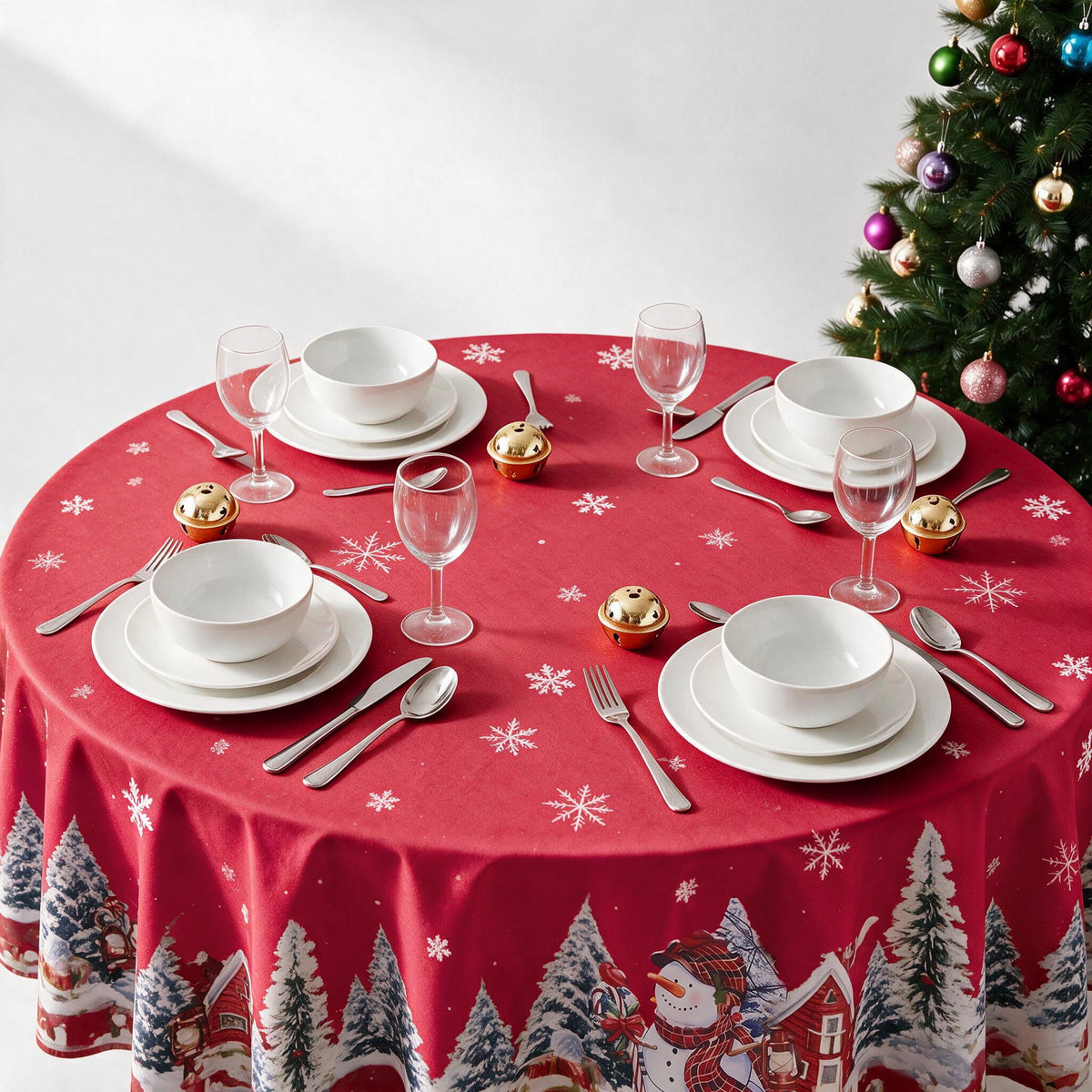 LUSHVIDA Christmas Tablecloth Rectangle, Winter Snowman House Christmas Trees Red Washable Table Cover for Party Picnic Dinner Decor, 60" x 84"