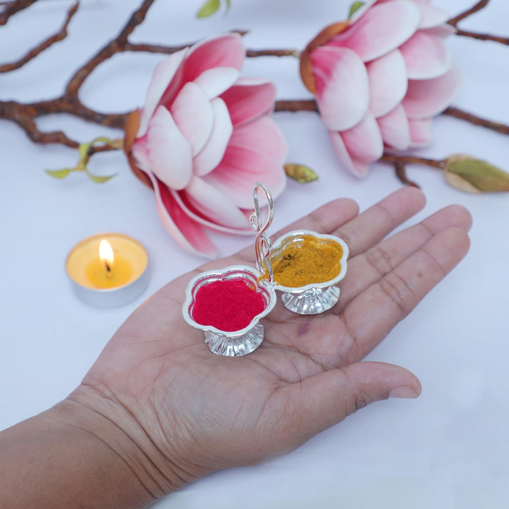 Shubhkart Pack of 3 Silver Plated Haldi Kumkum Holder Stand Set for Puja, Home, Office Décor, Diwali Gift, Festive Gift