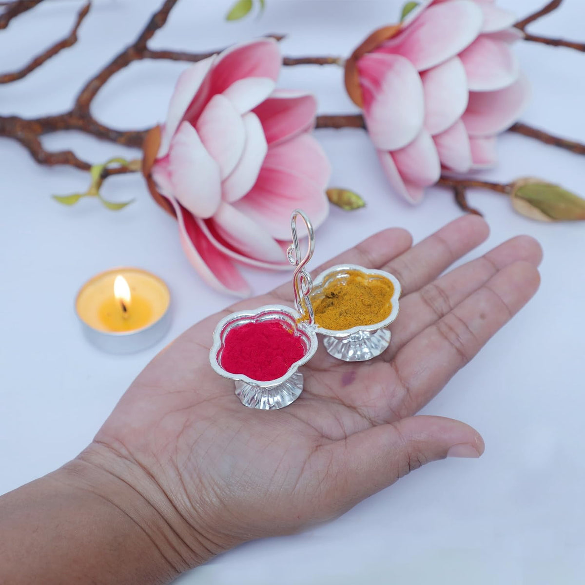 Shubhkart Pack of 3 Silver Plated Haldi Kumkum Holder Stand Set for Puja, Home, Office Décor, Diwali Gift, Festive Gift