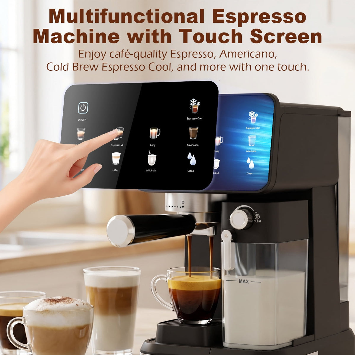 Bluebow Espresso Machine with Color Touchscreen, 20 Bar Espresso Maker with Automatic Milk Frother, Coffee Maker for Home - Cold Brew Cappuccino Latte Americano, 1350W