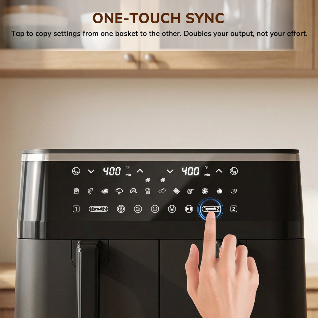 10QT Dual Basket Air Fryer with Digital LED Touchscreen, 12 Presets, Independent Dual Controls, Sync Finish, 1700W, 140-400°F, Black