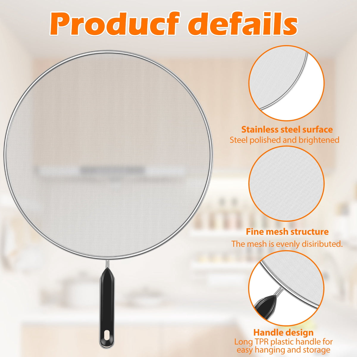 3 Piece Stainless Steel Fine Mesh Splatter Screen Set, 13", 11.4", 9.8" Splatter Screen for Frying Pan, Grease Splatter Guard with Heat-Resistant Handles