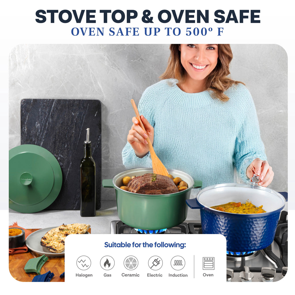 Gotham Steel Ceramic Hammered 5 Qt Lightweight Dutch Oven Pot with Lid & Holders, Oven Safe & Even Heat Retaining Dutch Oven for Bread Baking Sourdough, Soup, 70% Lighter than Cast Iron, Navy