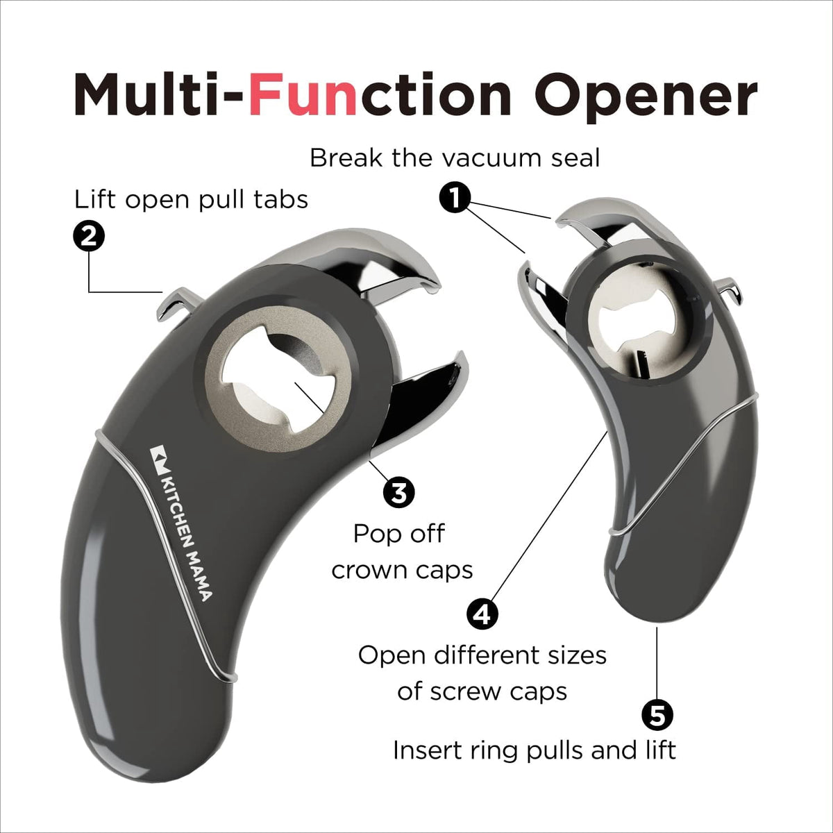 Kitchen Mama Epic One Magnetic Multifunction Opener: Beer, Soda Can, Pull Tab, Jar Opener (Red)
